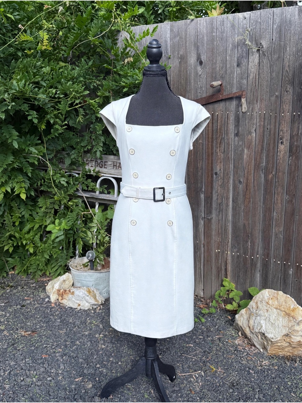 White House Black Market Ivory Double-Breasted Belted Midi Dress
